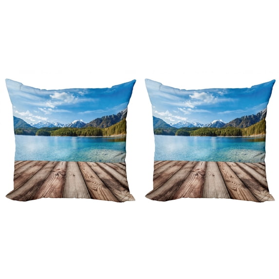 Ambesonne Nautical Throw Pillow Cover 2 Pack, Lake Forest Mountain, 16", Brown Blue