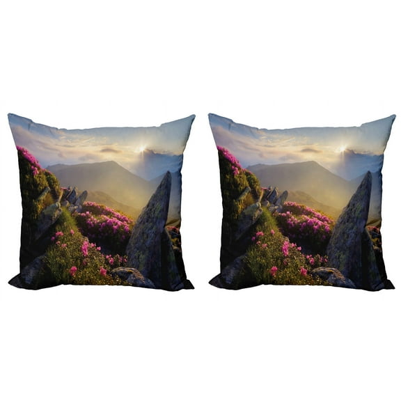 Ambesonne Mountain Throw Pillow Cover 2 Pack, Sunrise Rhodonderons, 18", Yellow Green Pink