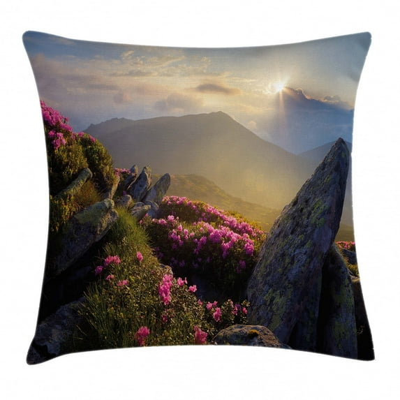 Mountain Throw Pillow Cushion Cover, Sunrise in Valley Meadow with Rhododendrons Wildlife Idyllic Rural Scenery, Decorative Square Accent Pillow Case, 24 X 24 Inches, Yellow Green Pink, by Ambesonne