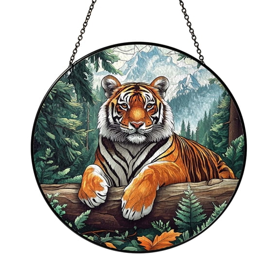 Mountain Tiger Ceramic Ornament, Stained Glass Style Boho Forest Window Suncatcher, Tree Decor Wildlife Gift