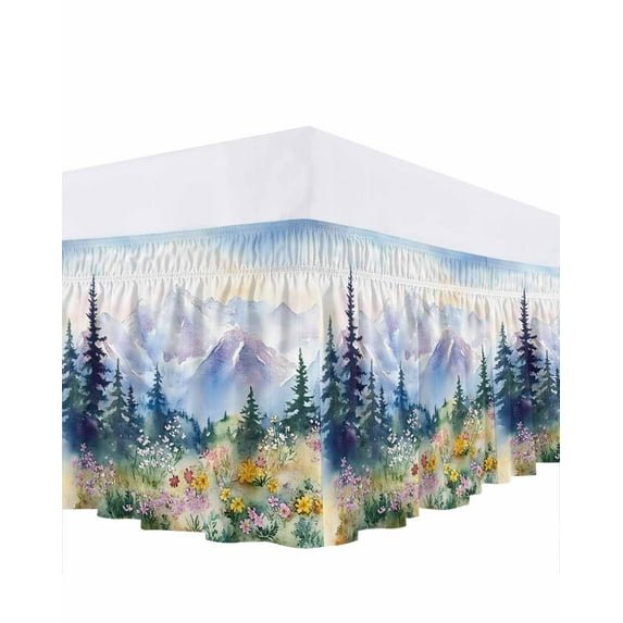 Mountain Tree Bed Skirt Queen Size 16" Drop Watercolor Flower Retro Scenery Ruffled Wrap Around Bed Skirts Adjustable Elastic Bedskirt Dust Ruffle for Queen Size Bed