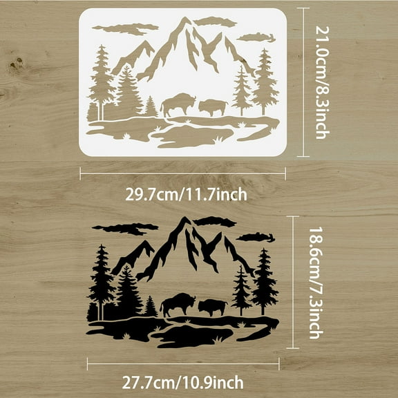 Mountain Tree Bison Family Stencil 8.3x11.7inch Reusable Mountain Forest Stencil for Painting Bison Drawing Stencil Animal Plants Stencil for Painting on Wall Wood Fabric Furniture