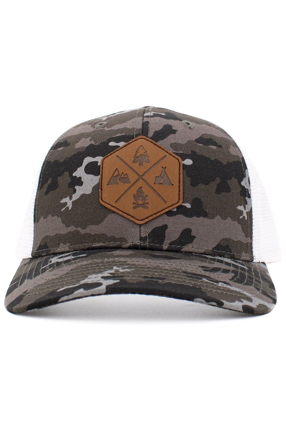 Mountain Tree Camping Fire Outdoors PU Patch Mesh Back Trucker Baseball Cap Hat Hunting Fishing