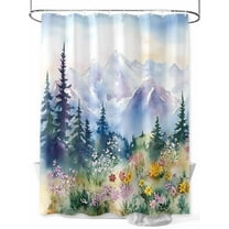 Mountain Tree Shower Curtain, Watercolor Flower Retro Scenery Waterproof Shower Curtain Set with 12 Hooks Lightweight Washable Fabric Shower Curtains for Bathroom 60x72 Inches