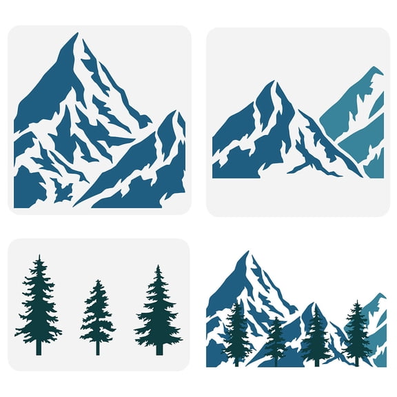 Mountain & Tree Stencil - 3 Styles 2 Sizes Reusable for Wall Tiles Fabric Furniture & Cabinets DIY