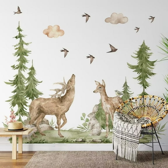 Mountain Tree Wall Stickers Large Pine Tree Forest Animal Wall Decals deer Wall Stickers and Stick Wall Art Decals for Kids Room Baby Nursery Bedroom