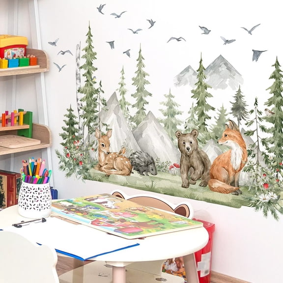 Mountain Tree Wall Stickers Large Pine Tree Forest Animals Bear Deer wall decal Peel and Stick Wall Stickers Aesthetics Decor for Living Room Bedroom