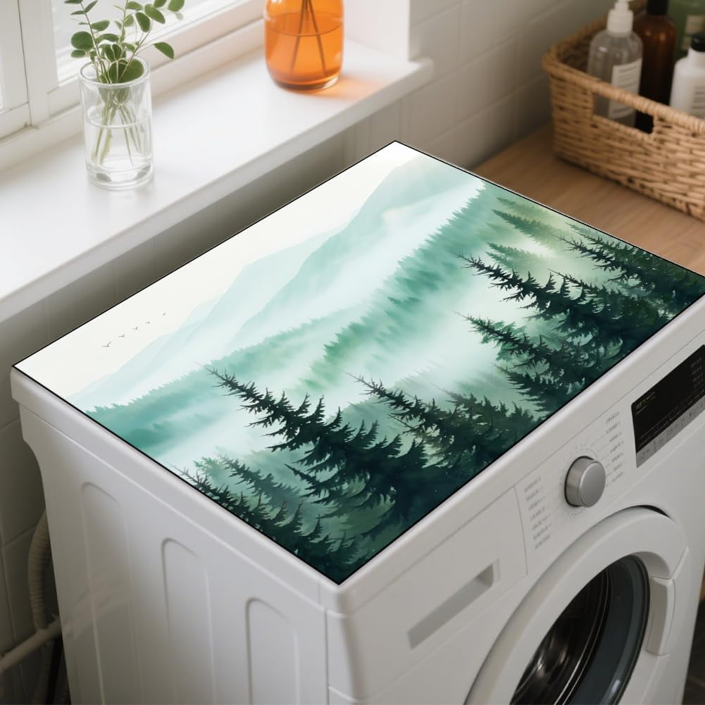 Mountain Tree Washing Machine Dust Cover Top Mat 23.6"x19.7" Pine Trees Washer Dryer Dust Cover Mat Green Hills Washing Machine