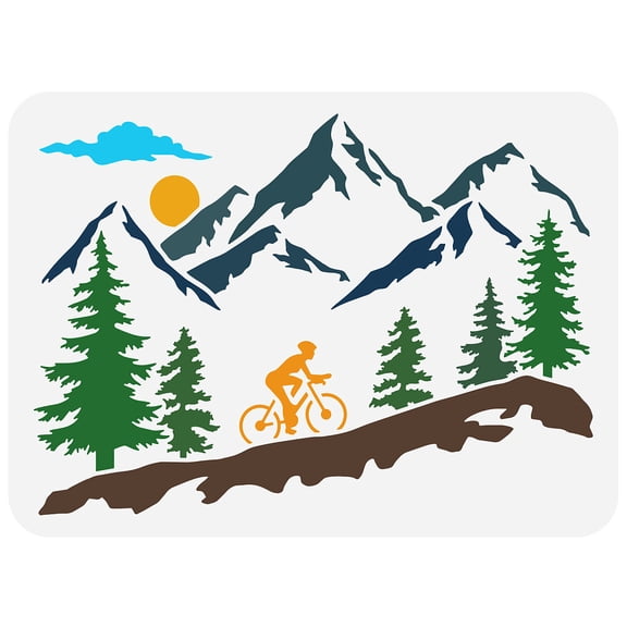 Mountain Tree and Cyclist Stencil 8.3x11.7inch Reusable Mountaineering Bikers Drawing Stencil Sunrise Painting Template Sports Theme