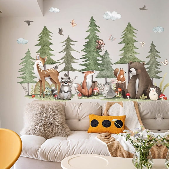 Mountain Tree deer Wall Decals Large Pine Tree Forest Animal Wall Stickers Wolf Wall Stickers DIY Removable Peel and Stick Wall Art Decals for Kids Room Classroom Nursery Bedroom Playroom Home Decor