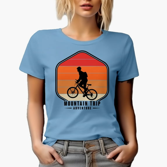 Mountain Trip Adventure with Cyclist or Biker, Baby Blue T-Shirt, Medium