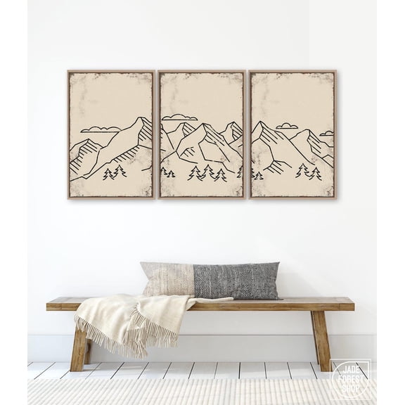 Mountain Triptych Wall Art Abstract 3 Piece Set with Rustic Frame Set 3
