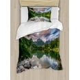 thumbnail image 1 of Mountain Twin Size Duvet Cover Set, Idyllic View with Tree on Still Lake Surrounded by Mountains and Moody Sky Image, Decorative 2 Piece Bedding Set with 1 Pillow Sham, Multicolor, by Ambesonne, 1 of 3