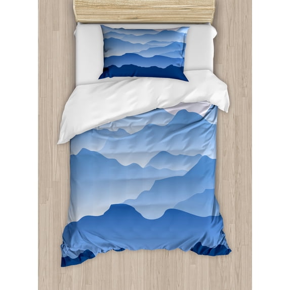 Mountain Twin Size Duvet Cover Set, Nature Theme A Panoramic Silhouette of the Mountains in the Morning Illustration Print, Decorative 2 Piece Bedding Set with 1 Pillow Sham, Blue, by Ambesonne