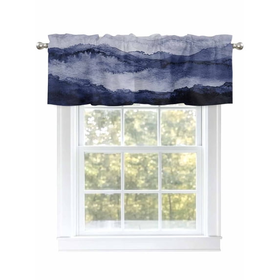 Mountain Valances for Windows, Rod Pocket Kitchen Valance Curtains - Soft & Washable Small Window Treatment for Living Room, Bathroom, Watercolor Navy Blue , 42x12 Inch, 1 Panel