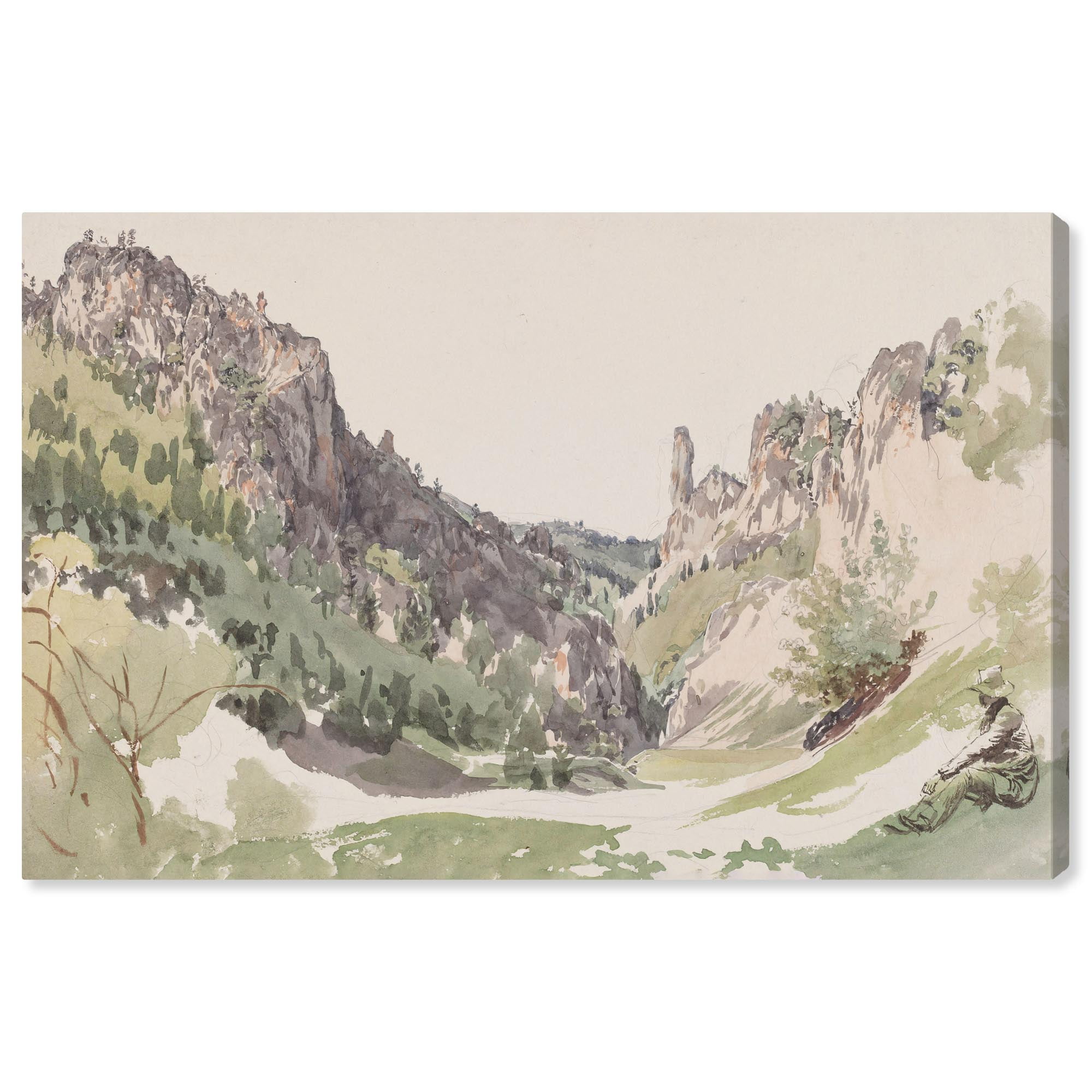 Mountain Valley Green and Beige Wrapped Canvas Landscape Art