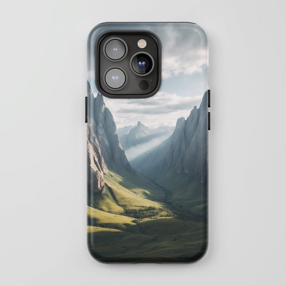 Mountain Valley Landscape For All iPhone Series Protective Phone Case Nature Scenic View Green Grey Blue