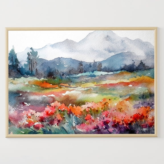 Mountain Valley Mountain Landscape Meadow Flowers Field Wall Art, Unframed Poster Size 8x12