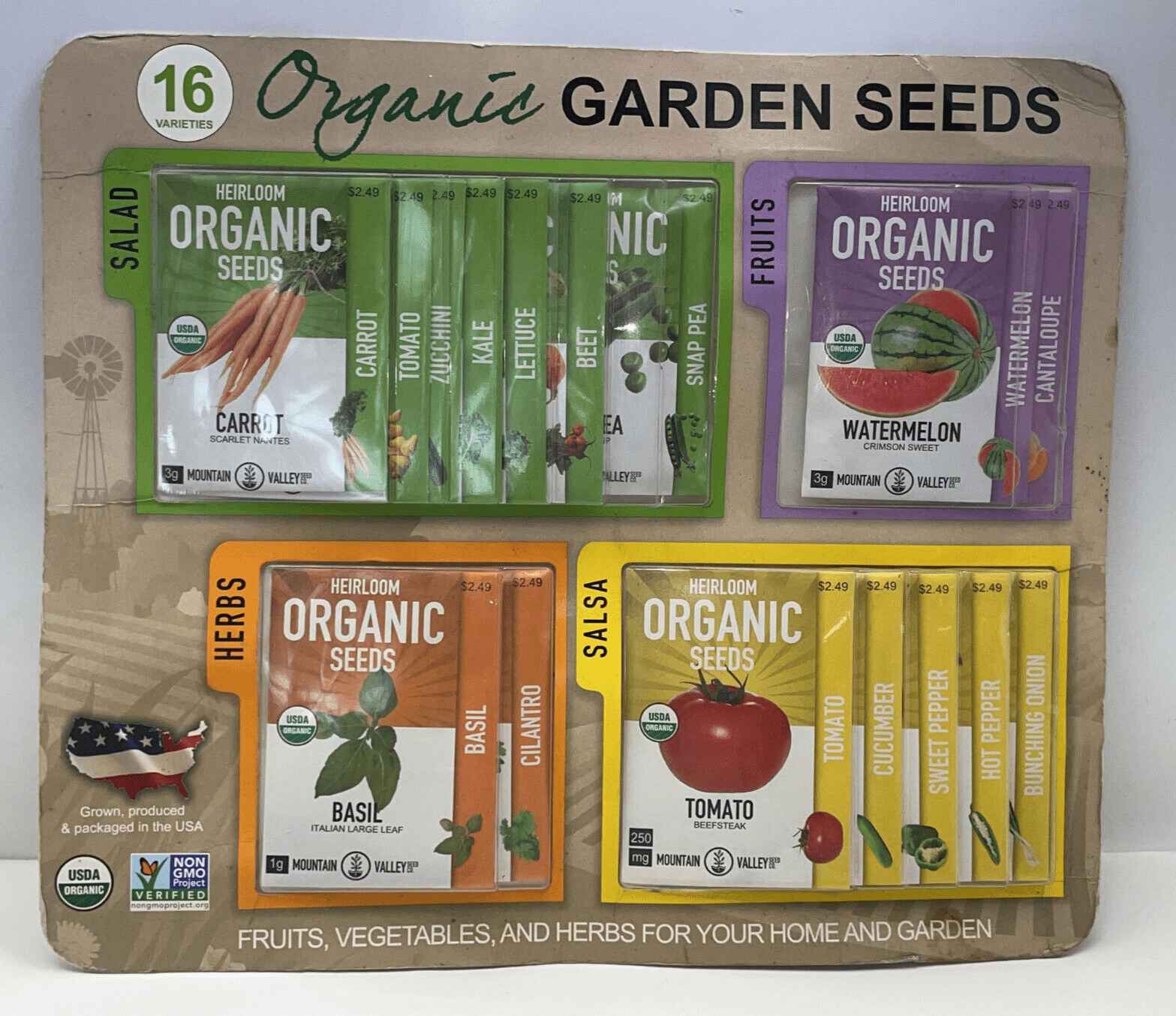 Mountain Valley Seed Company 16 Organic Heirloom Plant Seeds, Non-GMO and Open Pollinated