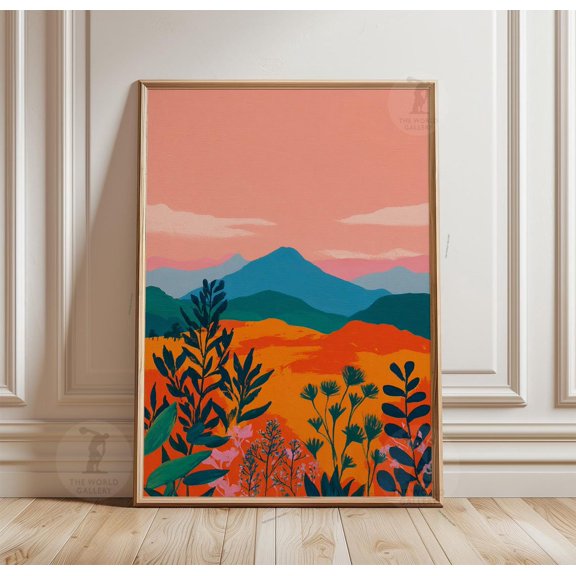 Mountain Valley Sunset Hills Botanical Illustration Contemporary Scenic Wall Art, Botanical Bedroom And Living Room Decor