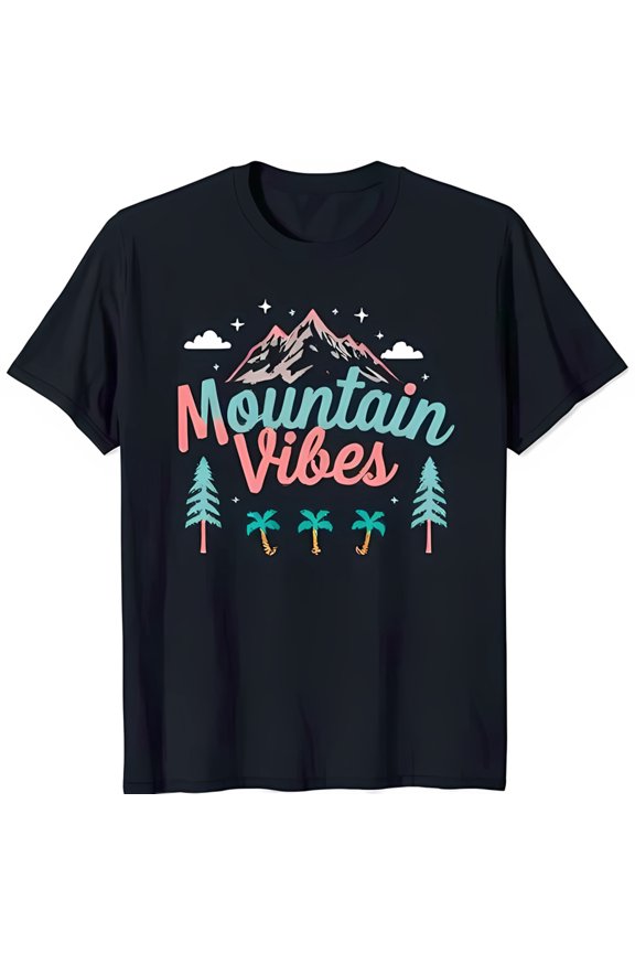 Mountain Vibes Black T-Shirt with Colorful Mountain Range Trees & Stars