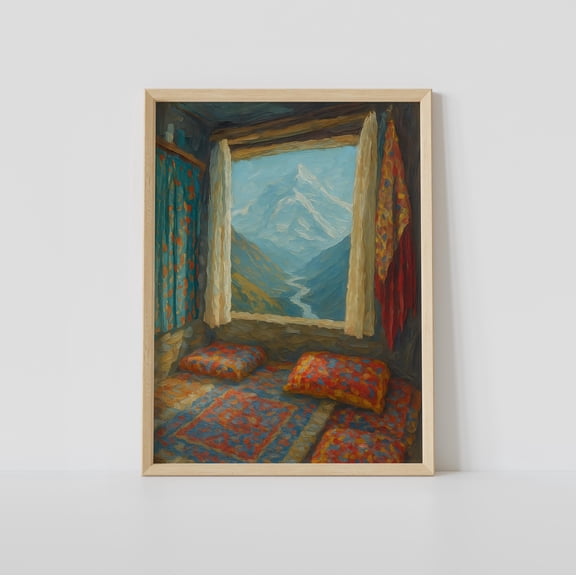 Mountain View Art Print Alpine Window Painting Cozy Cabin Wall Decor Home Decor Office Wall Art