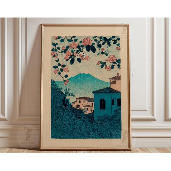 Mountain View Blossom Branches Scenic Village Wall Art Print, Unframed Paper Poster 8x10in