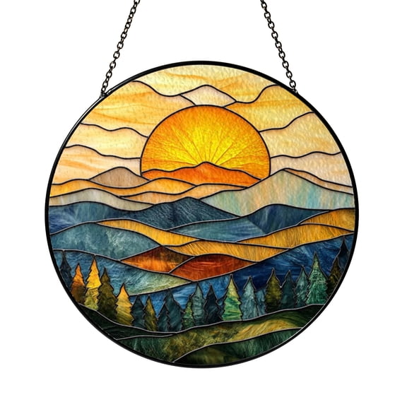 Mountain View Blue Ridge Stained Glass Style Window Hanging, Decorative Landscape Glass Art Panel