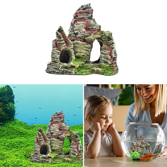 Mountain View Decor Aquarium Rockery Landscape with Hiding Cave, Tree, and Rocks, Resin Fish Tank Decoration, for Aquatic Life, Multicolor, 11x9cm