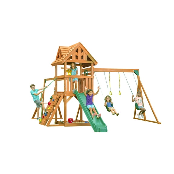 Mountain View Lodge Swing Set with Wooden Roof- Multicolor Accessories & Green Slide