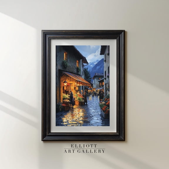 Mountain Village Market Village Street Scene Modern Scene Wall Decor Poster Art Poster E1066, Unframed Poster Size 8x12 F03.1.18l832