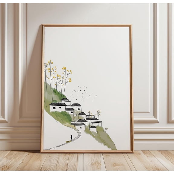 Mountain Village Poster Minimal Hillside Landscape Calm Nature Art, Unframed Poster