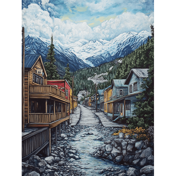 Mountain Village Street Scene Canvas Painting Perfect for Living RoomOffice Hallway and Dining Room Decoration.