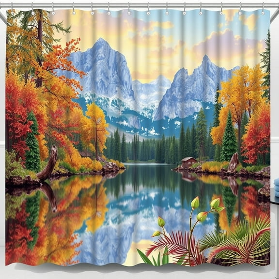Mountain Vista Shower Curtain - Serene Lake Reflection with Autumn Trees Vibrant Colors