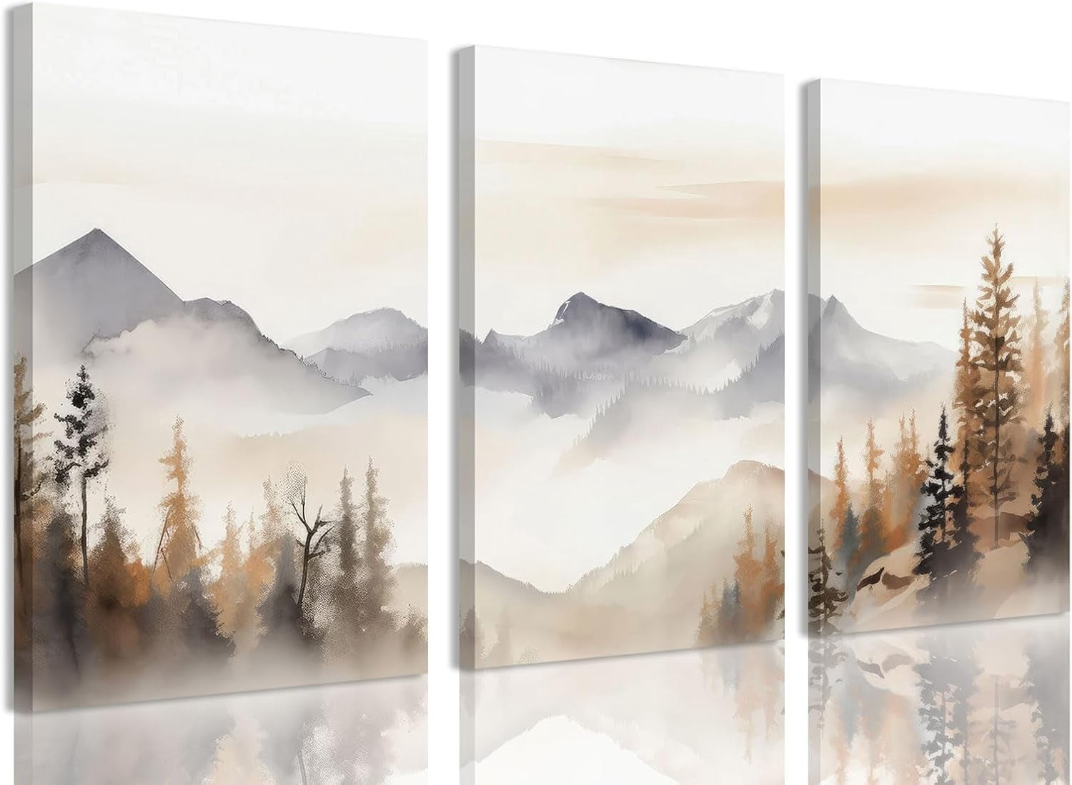 Mountain Wall Art,Mountain Wall Decor,Neutral Landscape Canvas Wall Art, Forest Painting Prints Set of 3 Nature Watercolor Picture Poster for Living Room Bedroom Bathroom 12"x16" Framed