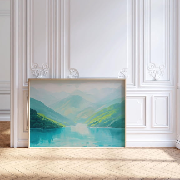 Mountain Wall Art Print, Pastel Green Blue Lake , Scenic Lake Landscape, Cottage Core Decor, Lake House Decor, Poster, Unframed Poster Size 8x12