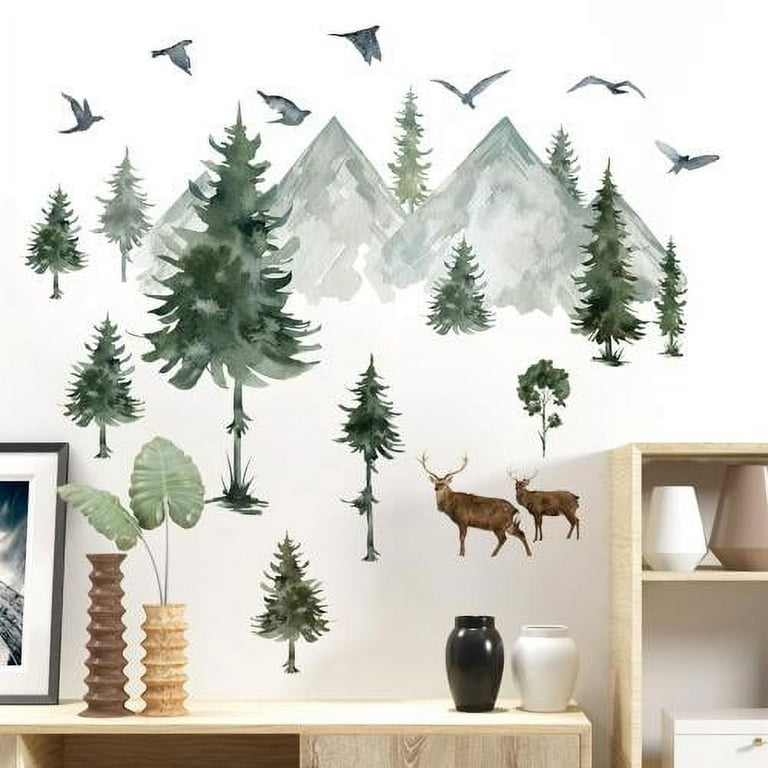Nursery Wall Decal Forest Deer Pine Trees Wall Decal Woodland Vinyl Wall Sticker for Kids Babies Room Nursery Decoration (15.7 x 35.4 inch), Size: 4