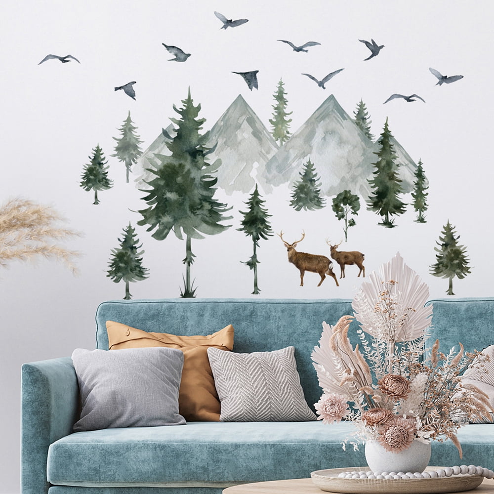 Mountain Wall Decals Large Pine Tree Wall Decals Peel and Stick Forest Tree Woodland Deer Birds Animal Wall Decals Mountain Tree Wall Stickers for Kids Room Nursery Decor