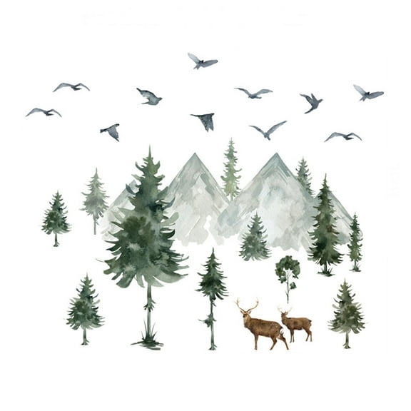 Mountain Wall Decals Pine Tree Forest Animal Wall Decals Peel and Stick Forest Tree Woodland Deer Birds Animal Wall Decals Mountain Tree Wall Stickers for Kids Room Nursery Decor