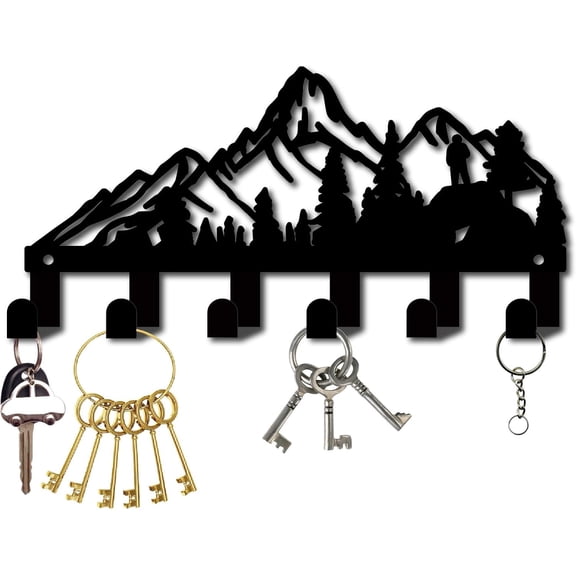 Mountain Wall Hanger Metal Wall Key Holder with 6 Hooks Iron Black Forest Hanging Organizer Decorative Mounted Rack for DIY Making