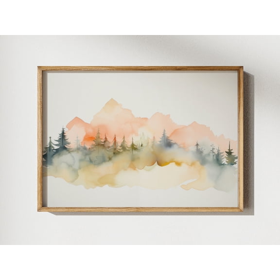Mountain Watercolor Wall Art Calm Nature Landscape Poster Trees Minimal Home Office Cabin Kids Room Artable Poster, Poster Only