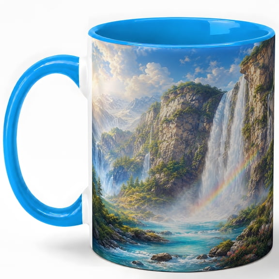 Mountain Waterfall 11oz Ceramic Mug, Rainbow Nature Coffee Cup