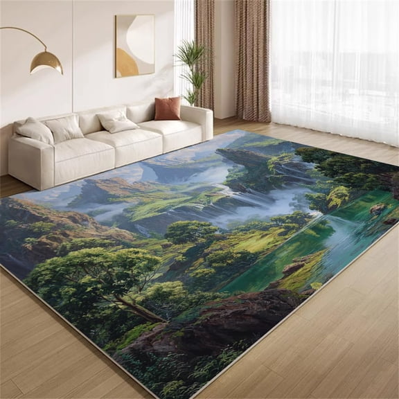 Mountain Waterfall Area Rugs, Fantasy Forest Landscape Pattern Carpet, Washable Non Slip Low Pile Soft Rug for Living Room Bedroom Decor Mat 5x8ft