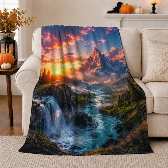 Mountain Waterfall Cove with Pink Sunset Sky, Dramatic Rustic Landscape for Nature Lovers, Housewarming Gift, Cozy Flannel Blanket for Cabin and Lodge, Rustic Home Decor