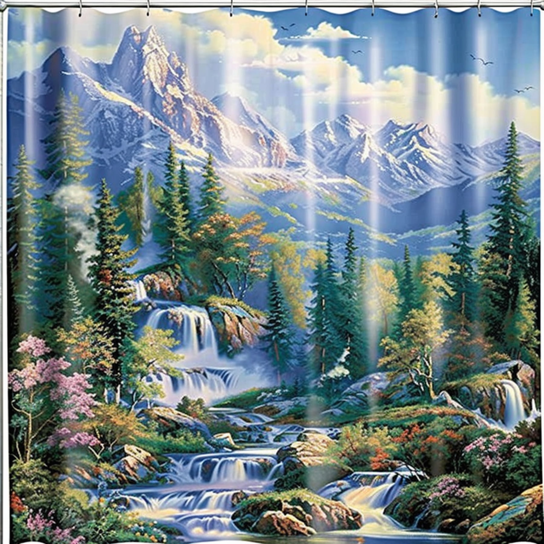 Mountain Waterfall Forest Scene Shower Curtain Thomas Kinkade Style