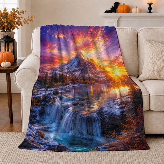Mountain Waterfall Lake with Radiant Sunset Sky, Dramatic Rustic Landscape for Nature Lovers, Housewarming Gift, Cozy Flannel Blanket for Cabin and Lodge, Rustic Home Decor