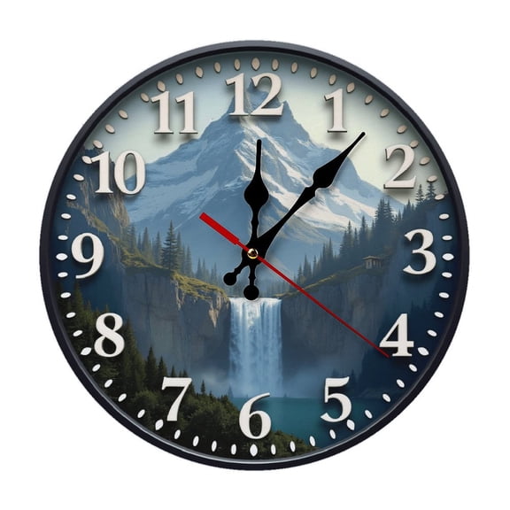 Mountain Waterfall Landscape Wall Clock 10 Inch Silent Non Ticking Round Clock Decoration for Living Room Kitchen Bedroom Bathroom Office Classroom