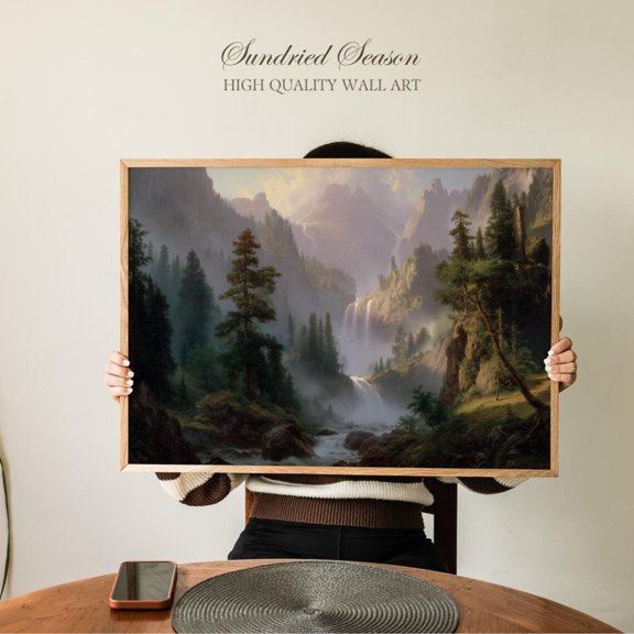 Mountain Waterfall Misty Forest Landscape River Pines Serene Nature, Unframed Paper Poster 8x10in