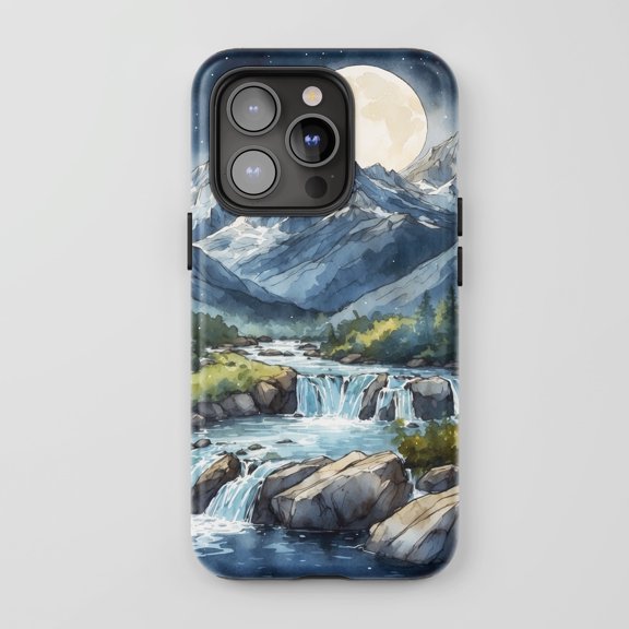 Mountain Waterfall Moon Landscape For All iPhone Series Tough Phone Case Watercolor Nature Blue Multi-color