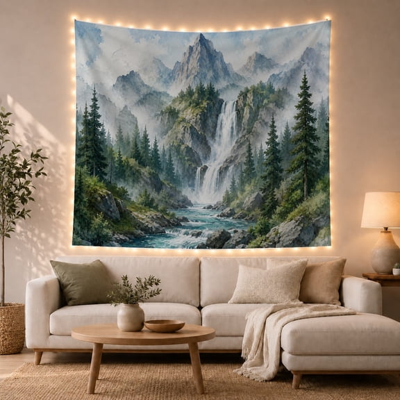 Mountain Waterfall River Through Pine Forest, Serene Watercolor for Nature Lovers, Landscape Wall Art, Housewarming Gift, Tapestry Wall Hanging for Bedroom and Living Room